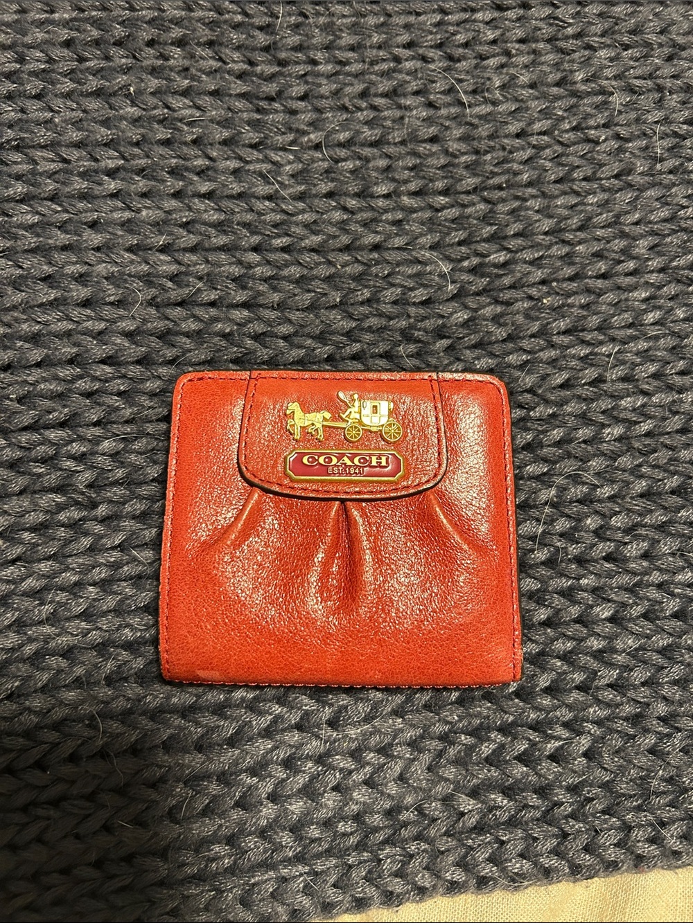 Coach Mini Red Leather Bifold ID Wallet with Gold Hardware and pink lining